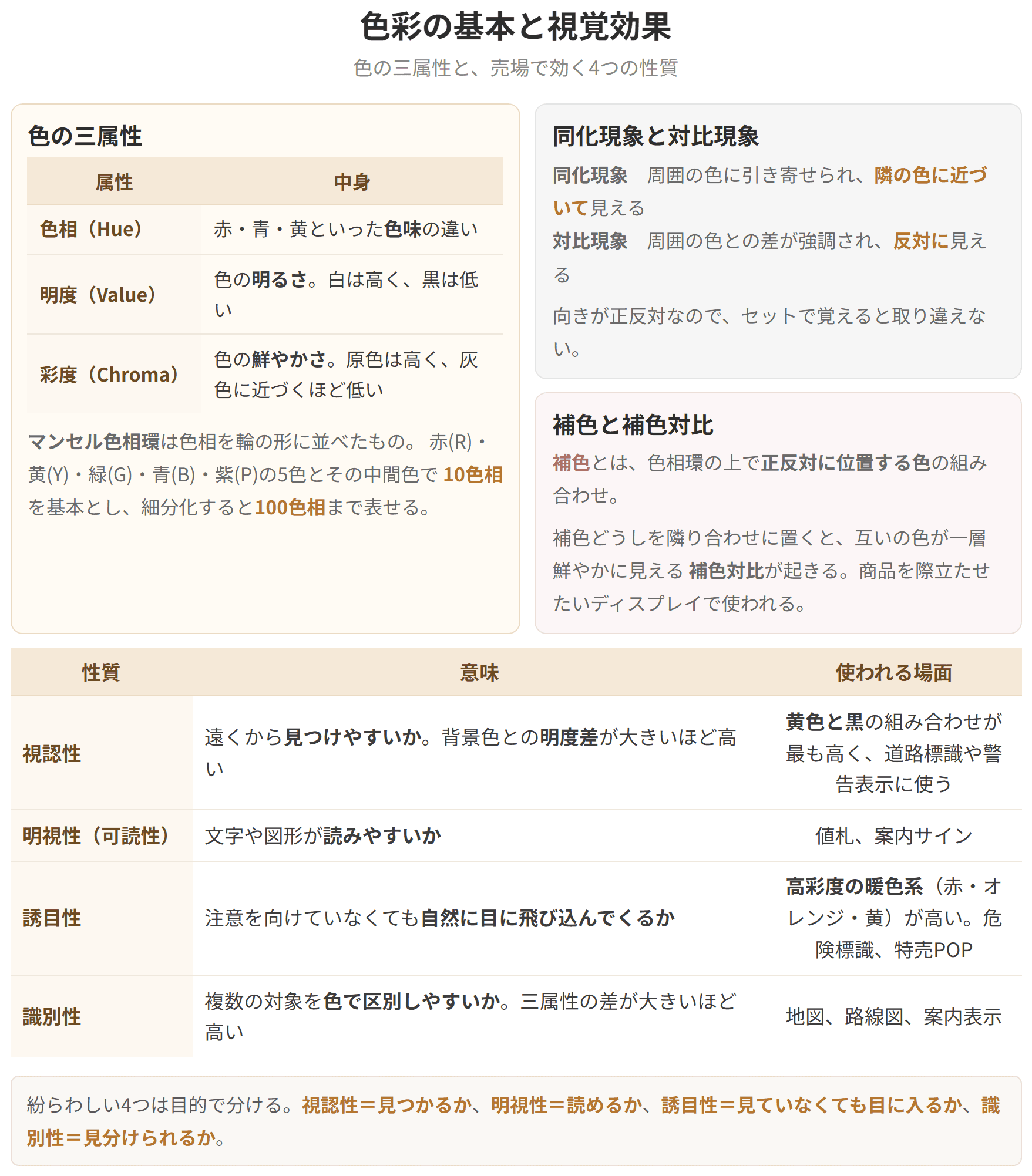 色相、明度、彩度という3つの属性を示した図です。見つけやすさを表す視認性、目に飛び込んでくる誘目性など、売場で効く4つの性質もあわせて整理しています。