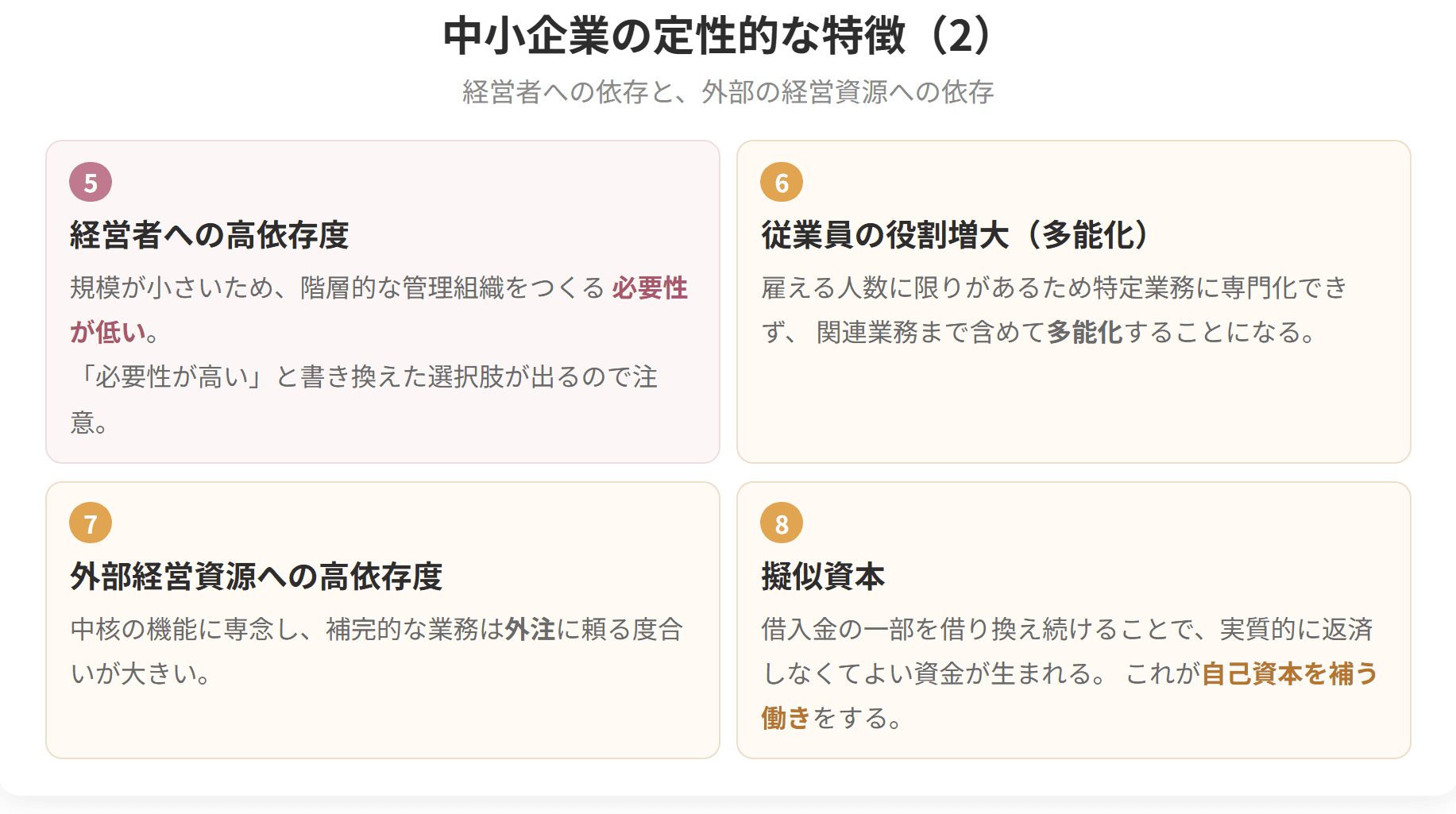 後半の4つは、経営者への高依存度、従業員の多能化、外部経営資源への依存、擬似資本です。階層的な管理組織をつくる必要性は低い、という点が要点です。