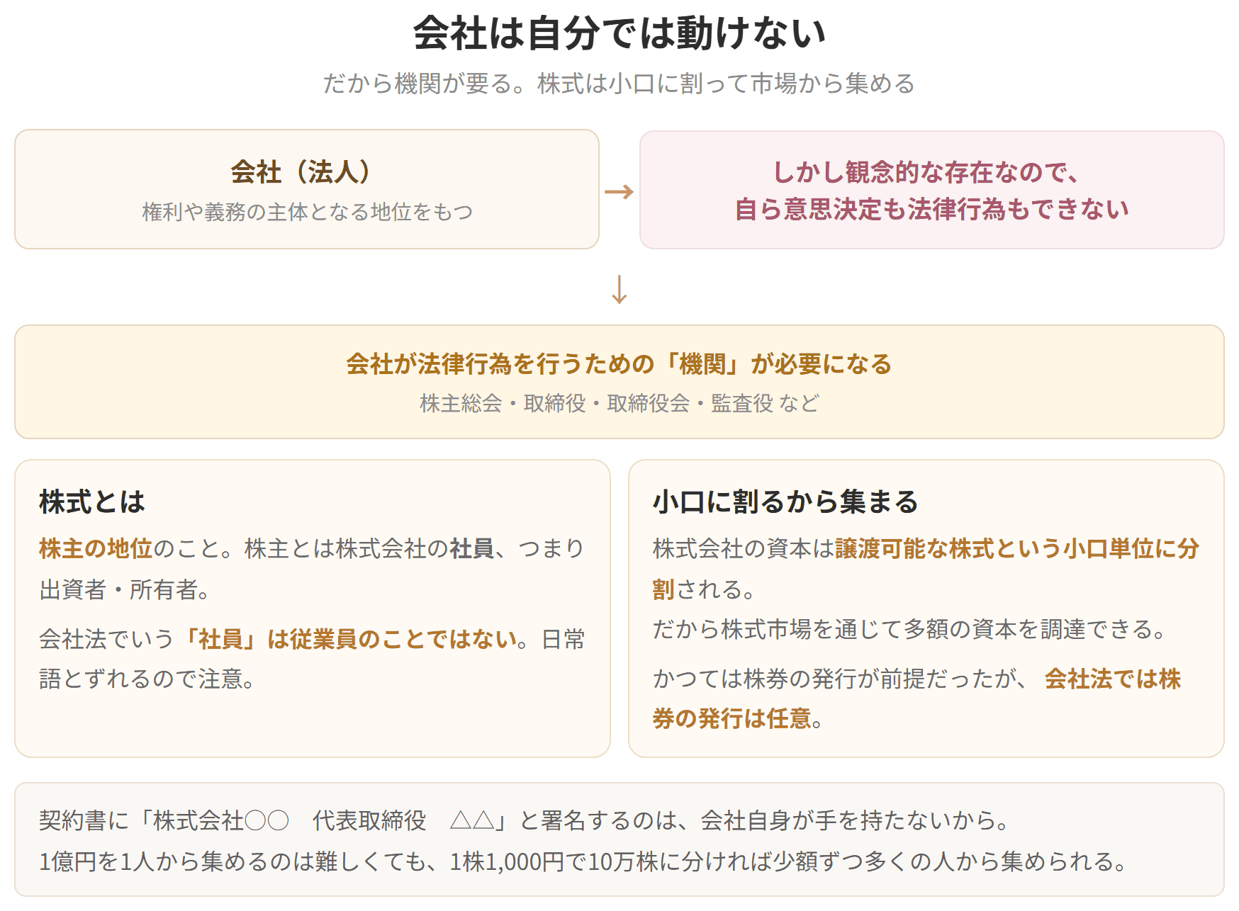 会社は権利や義務の主体となる地位をもちますが、観念的な存在なので自ら意思決定も法律行為もできません。だから会社が法律行為を行うための機関が必要になります。