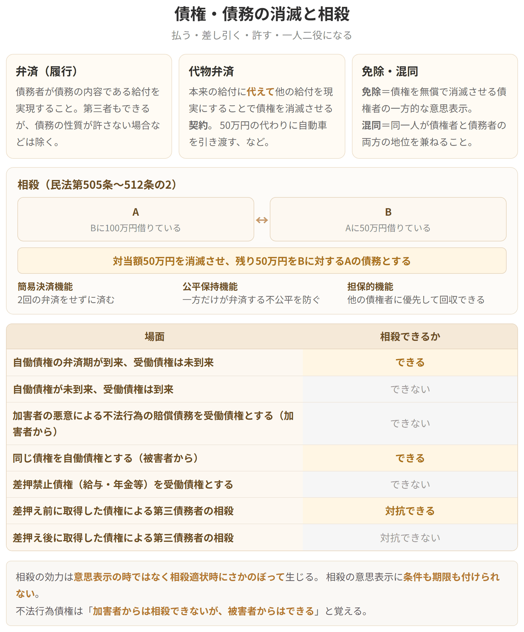 弁済、代物弁済、免除、混同に加えて、相殺のしくみと3つの機能を図にしています。相殺できる場面とできない場面を表で並べ、不法行為債権は加害者からは相殺できないことを示しています。