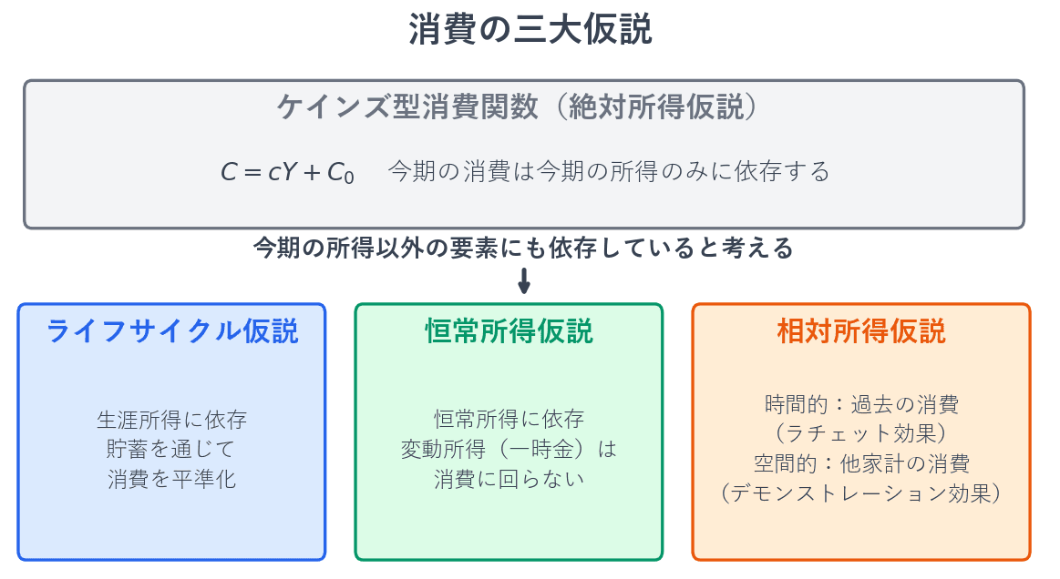 ケインズ型消費関数では、今期の消費は今期の所得のみに依存していました。消費の三大仮説では、今期の所得以外の要素にも依存していると考えます。ライフサイクル仮説は生涯所得に、恒常所得仮説は恒常所得に、相対所得仮説は過去の自分の消費や周囲の家計の消費に依存すると考えます。