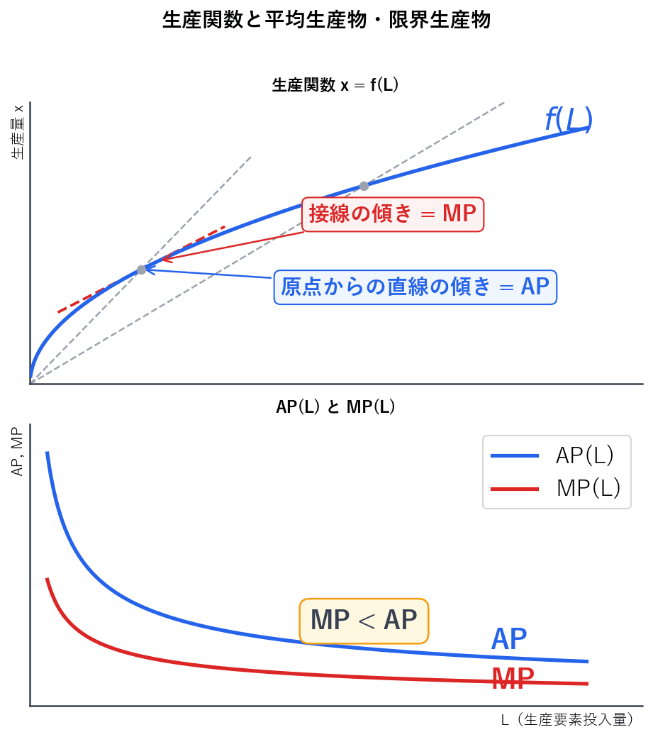 上下2パネルのグラフ。上段は生産関数x=f(L)の曲線に原点からの直線(AP)と接線(MP)を描いた図。下段はAP曲線とMP曲線を描き、MP<APの関係を図示
