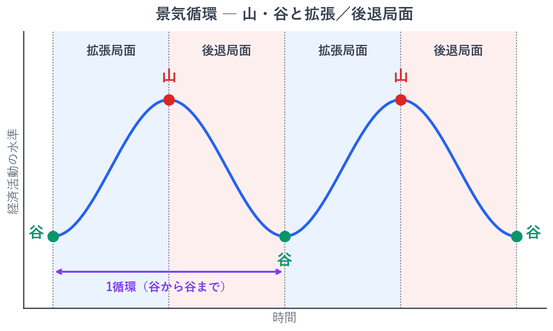 経済活動は上下の波をくり返します。波の頂点が山、底が谷で、谷から山までが拡張局面、山から谷までが後退局面です。谷から次の谷までを1循環と数えます。山は景気がもっとも良い時点であり、そこから悪くなっていくという向きに注意してください。