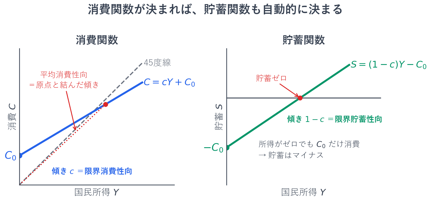消費曲線の切片は独立消費で、傾きが限界消費性向です。原点と消費曲線上の点を結んだ直線の傾きが平均消費性向にあたり、所得が増えるほど低下します。貯蓄は所得のうち消費されなかった残りなので、貯蓄曲線の切片は独立消費のマイナス、傾きは限界貯蓄性向になります。所得がゼロでも独立消費の分だけ消費するため、貯蓄はマイナスから始まります。