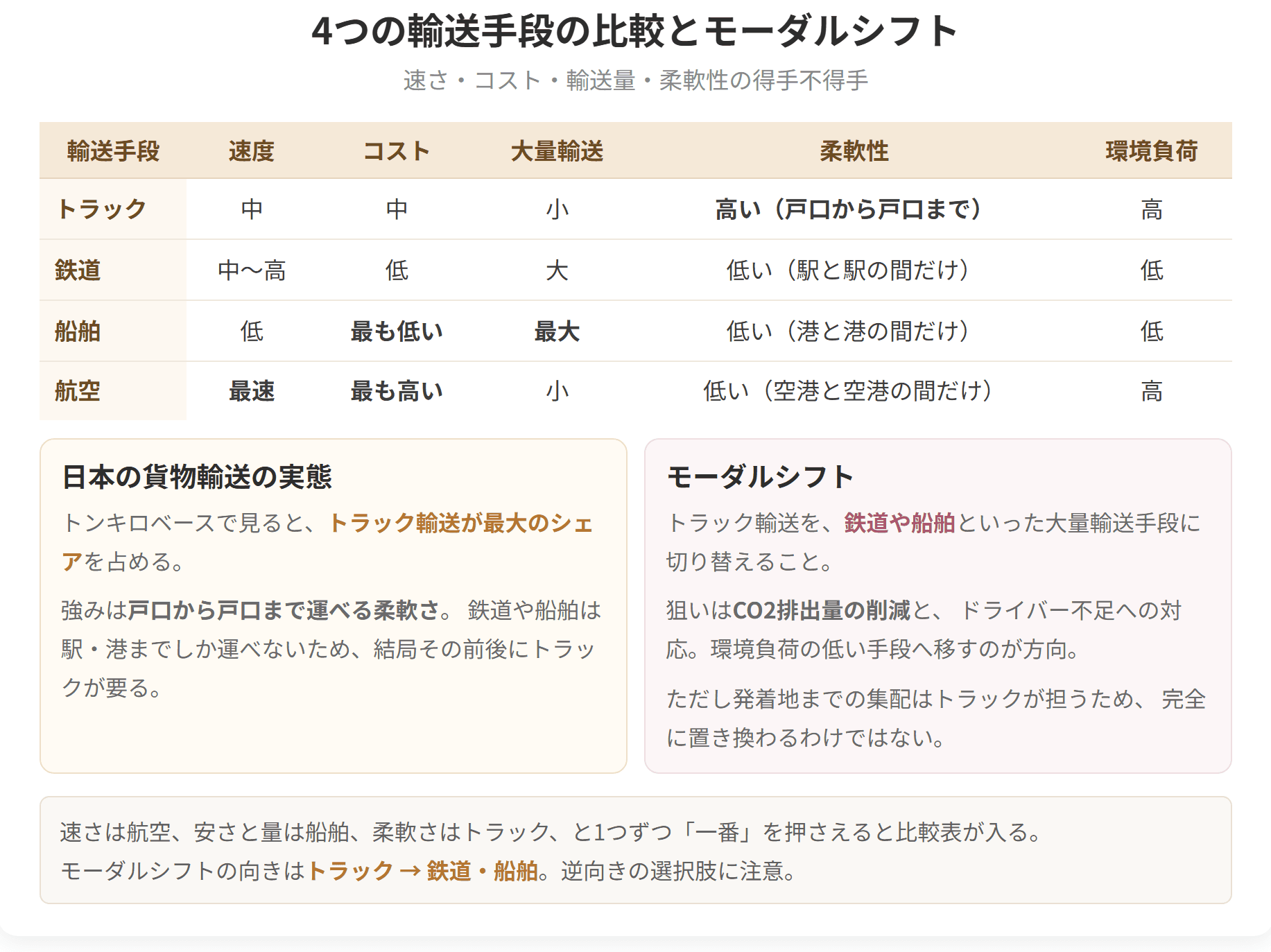 トラック、鉄道、船舶、航空を、速度、コスト、輸送量、柔軟性で比べた図です。トラック輸送を鉄道や船舶へ切り替えるのがモーダルシフトです。