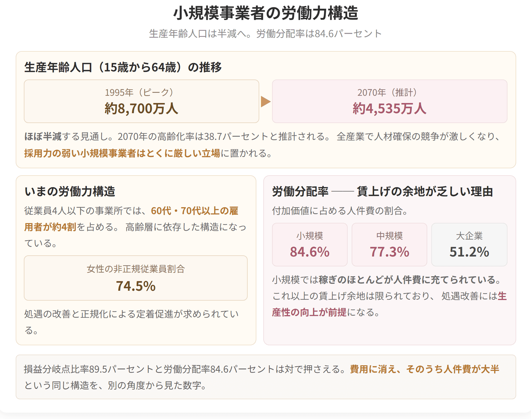 生産年齢人口は1995年の約8,700万人から2065年には約4,535万人へ、ほぼ半減する見通しです。労働分配率は小規模企業で84.6パーセントと高く、賃上げの余地が限られています。