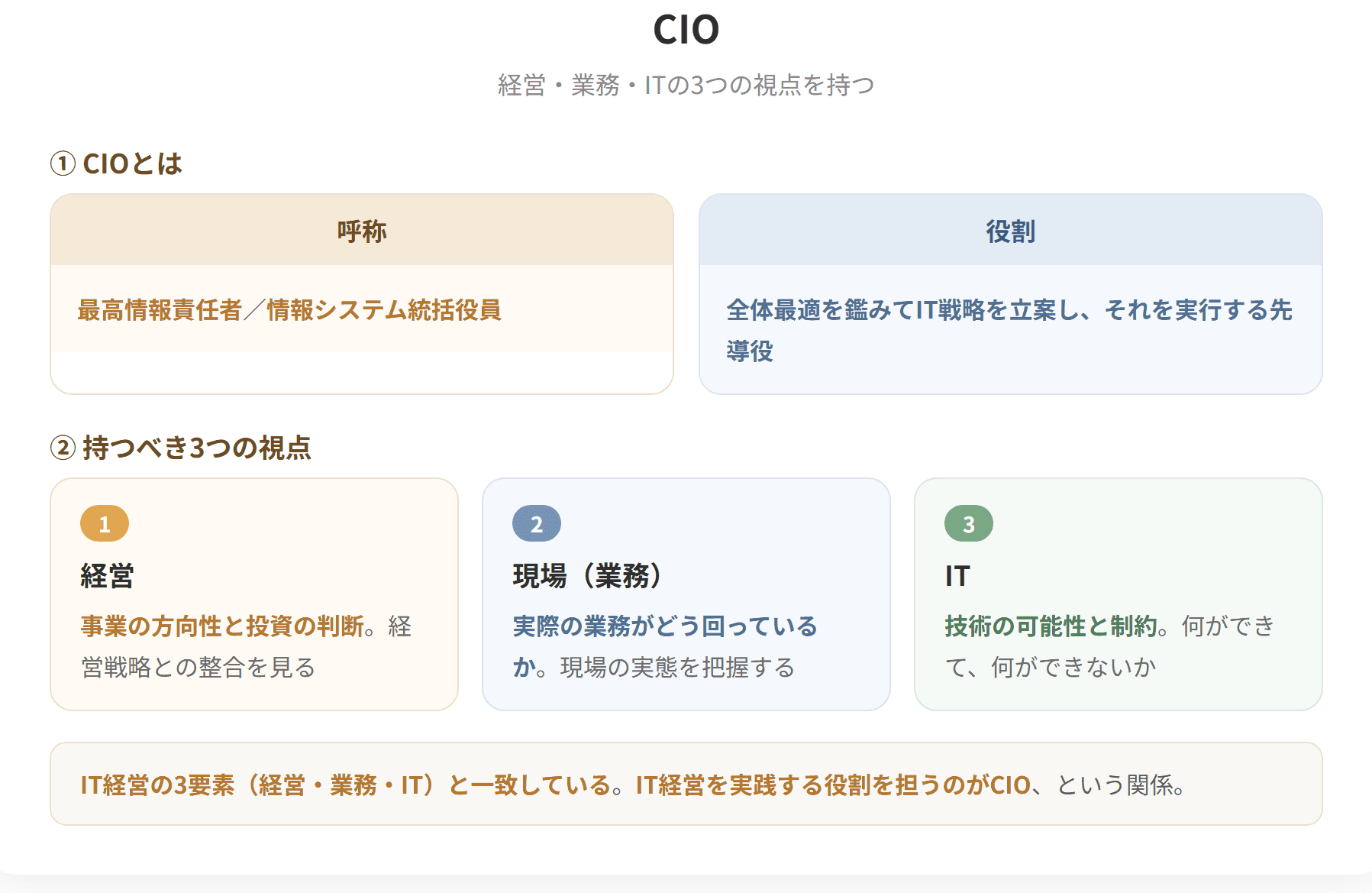 CIOは最高情報責任者、情報システム統括役員を意味する。経営、現場すなわち業務、ITの3つの視点を持ち、全体最適を鑑みてIT戦略を立案し、それを実行する先導役として重要な役割を担う。ベンダ、ユーザ企業を問わず、IT経営に取組むすべての企業において優れたCIOの育成および確保は重要な課題である。