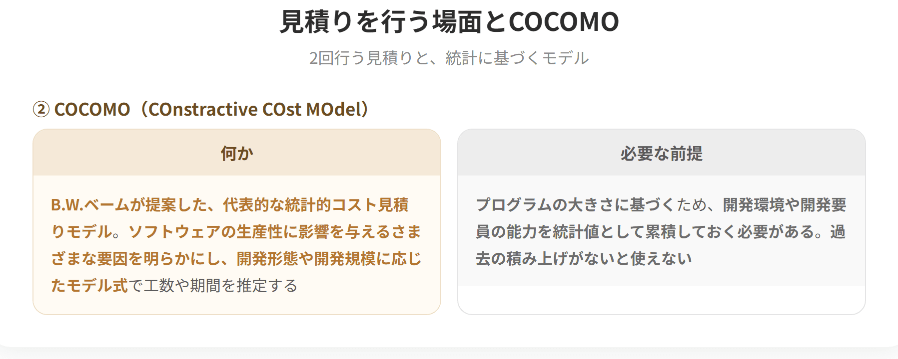ベンダはシステム開発費用の見積りを計2回行う。1回目はシステム構想フェーズのベンダ選定の際、2回目は基本計画すなわち要求分析・要件定義の終了後である。COCOMOはB.W.ベームが提案した代表的な統計的コスト見積りモデルで、プログラムの大きさに基づいて工数を算定するため、開発環境や開発要員の能力を統計値として累積しておく必要がある。(2枚目)