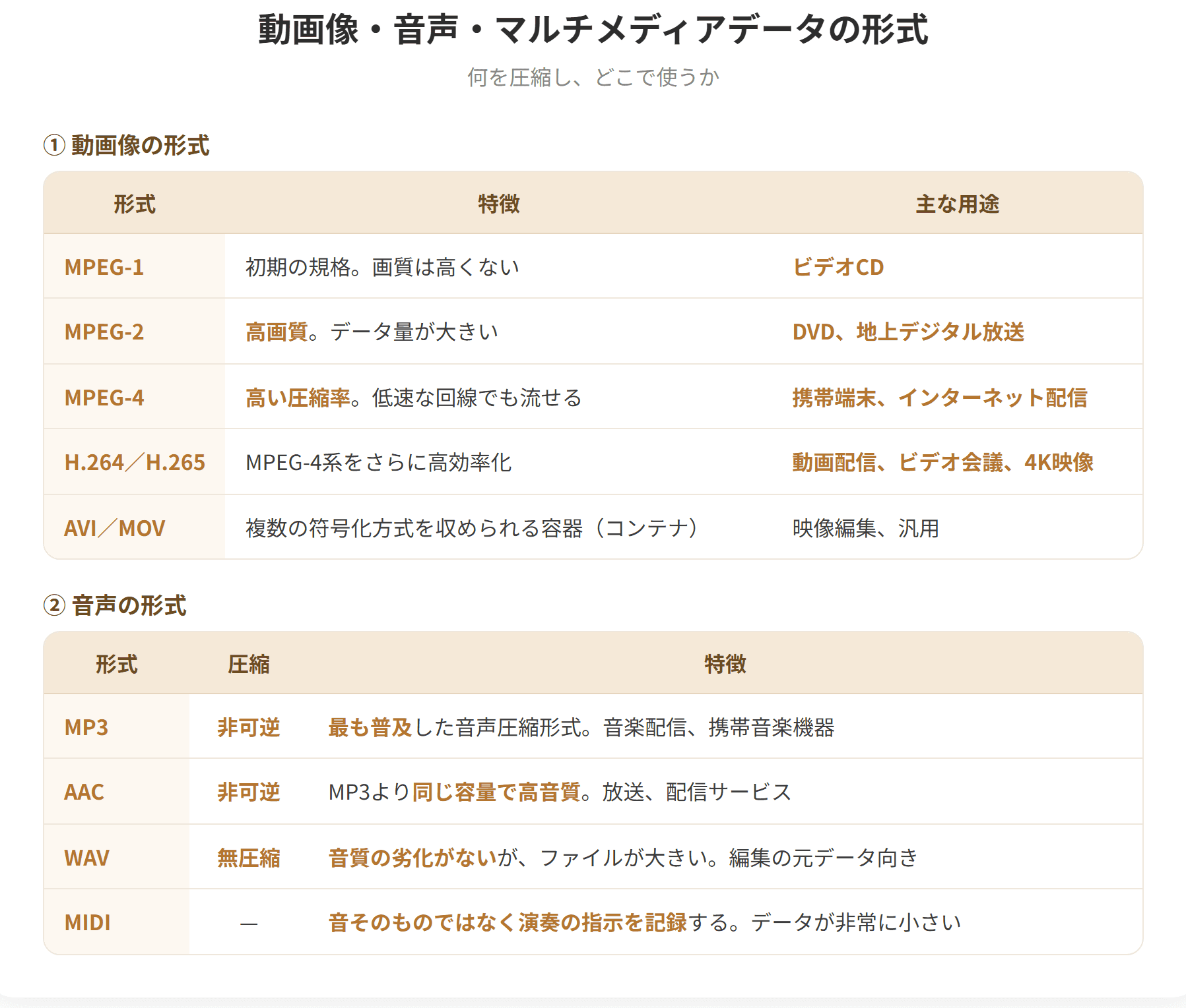 動画像の形式にはMPEG系があり、MPEG-1はビデオCD、MPEG-2はDVDと地上デジタル放送、MPEG-4は携帯端末やインターネット配信に使われる。音声の形式にはMP3、AAC、WAVがあり、MP3とAACは非可逆圧縮、WAVは無圧縮である。文書の形式にはPDFがあり、環境によらず同じ体裁で表示できる。