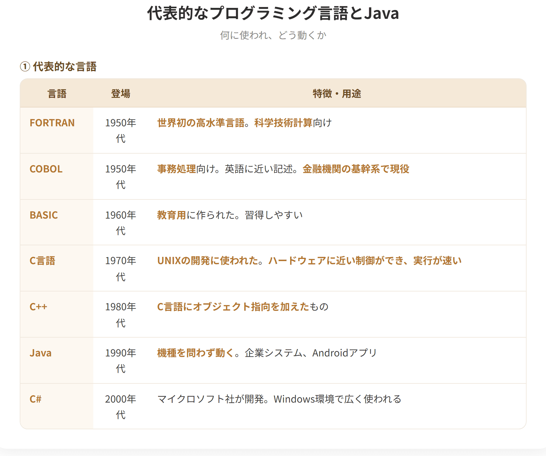 代表的なプログラミング言語には、科学技術計算のFORTRAN、事務処理のCOBOL、教育用のBASIC、OS開発に使われたC言語、その発展であるC++、そしてJavaがある。Javaはソースコードを中間コードであるバイトコードに変換し、各機種のJava仮想マシンが実行するため、機種を問わず動く。