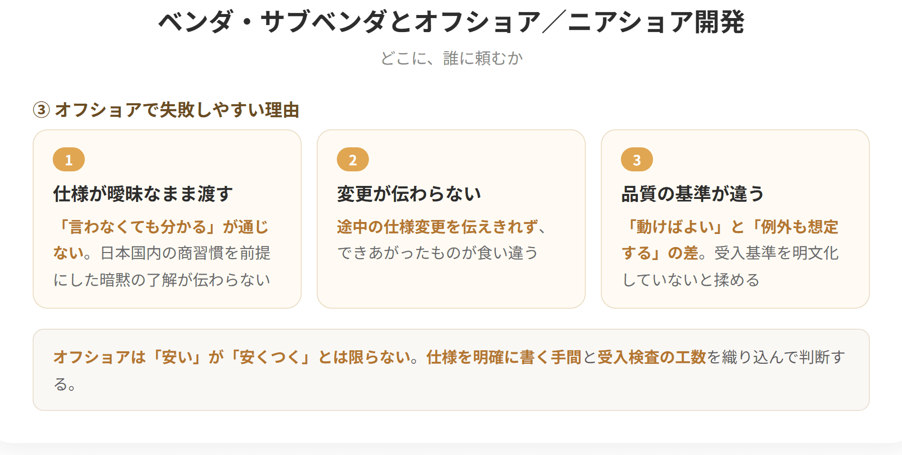 ベンダは開発を請け負う事業者で、その一部を再委託される事業者をサブベンダという。オフショア開発は海外の事業者に開発を委託することで、人件費を抑えられる一方、言語や時差、品質管理の課題がある。ニアショア開発は国内の地方の事業者に委託することで、オフショアほど安くはないが、言語や時差の問題がない。(3枚目)