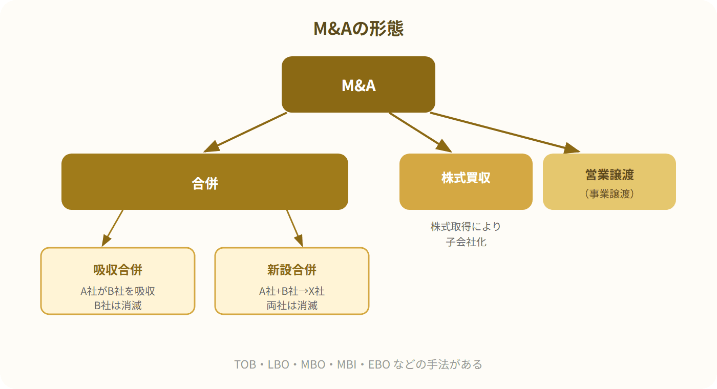 M&Aの主要形態として合併(吸収合併・新設合併)、株式買収、営業譲渡を示すツリー図