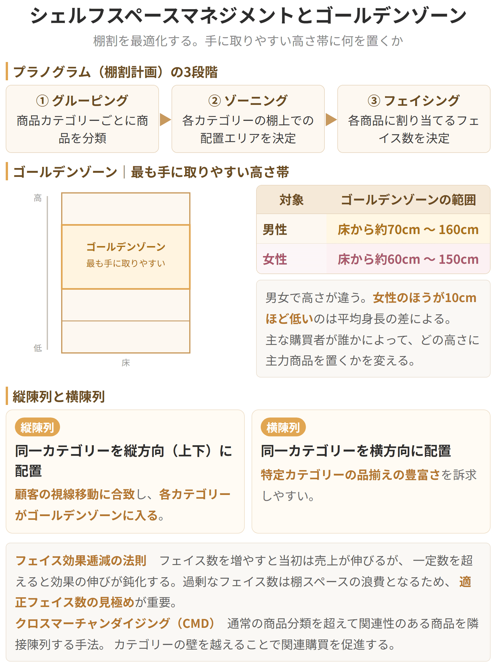 棚割りを計画する三つの段階と、最も手に取りやすい高さ帯を示した図です。ゴールデンゾーンは男性で床から約七十センチから百六十センチ、女性で約六十センチから百五十センチとされます。