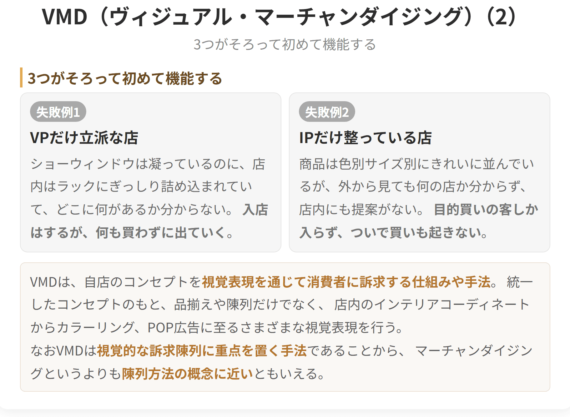 三つがそろって初めて機能する、という図です。ブイピーだけ立派な店は、入店はされても何も買わずに出ていきます。アイピーだけ整っている店は、外から何の店か分からず、ついで買いも起きません。